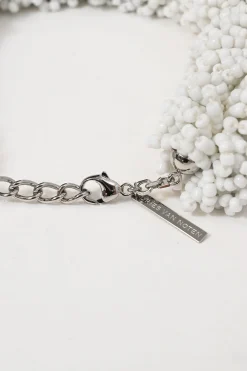 White glass drum bead collar necklace with lobster clasp closure
