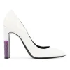 White gradient patent leather pumps with textured purple heels