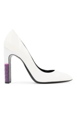 White gradient patent leather pumps with textured purple heels