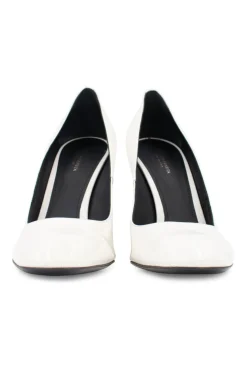 White gradient patent leather pumps with textured purple heels