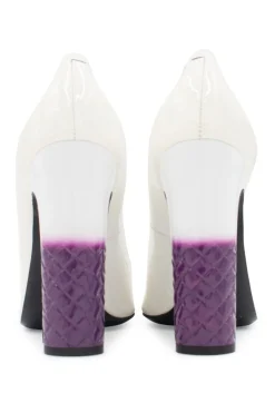 White gradient patent leather pumps with textured purple heels