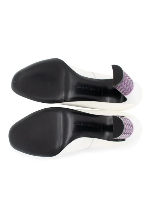 White gradient patent leather pumps with textured purple heels
