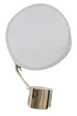 White grainy leather round pouch golden bracelet bag