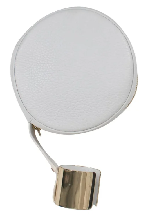 White grainy leather round pouch golden bracelet bag