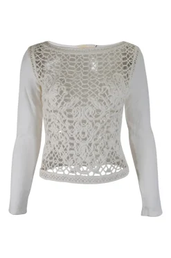 White knitwear jumper with interlacing cotton net front panel