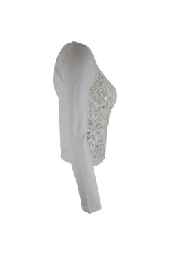 White knitwear jumper with interlacing cotton net front panel