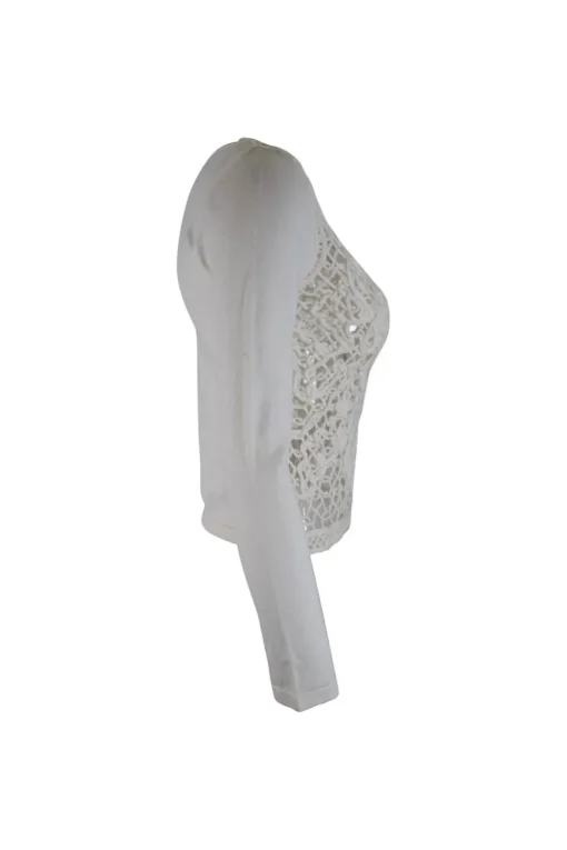 White knitwear jumper with interlacing cotton net front panel