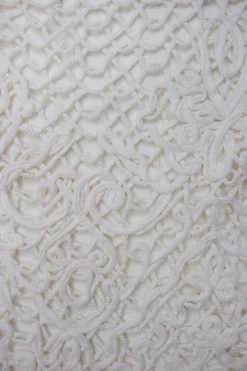 White knitwear jumper with interlacing cotton net front panel