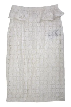 White lace mid-length pencil skirt with ruffled waistline
