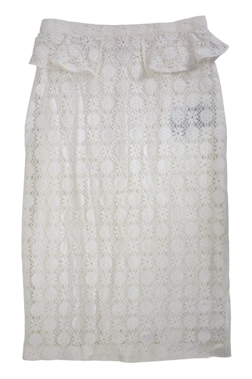 White lace mid-length pencil skirt with ruffled waistline