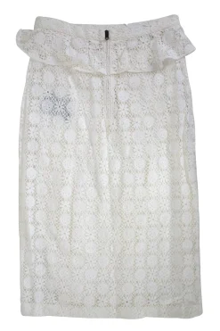 White lace mid-length pencil skirt with ruffled waistline