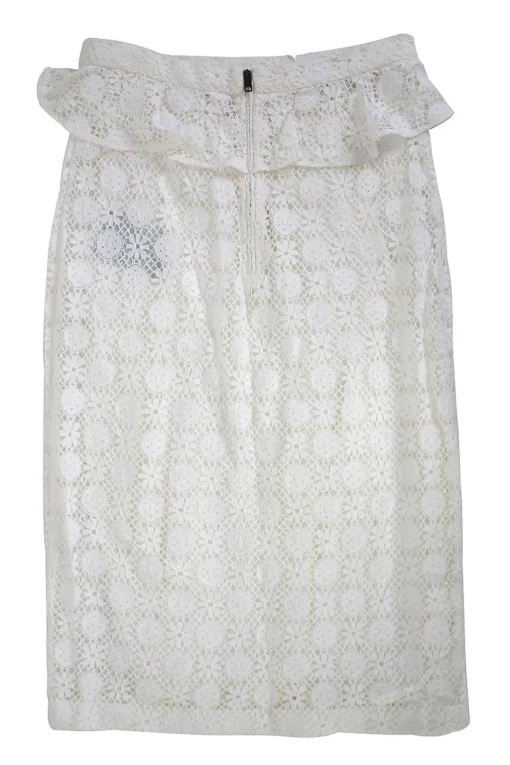 White lace mid-length pencil skirt with ruffled waistline