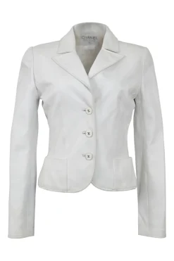 White lambskin single breasted notch lapel tailored jacket with Coco Mark shank buttons