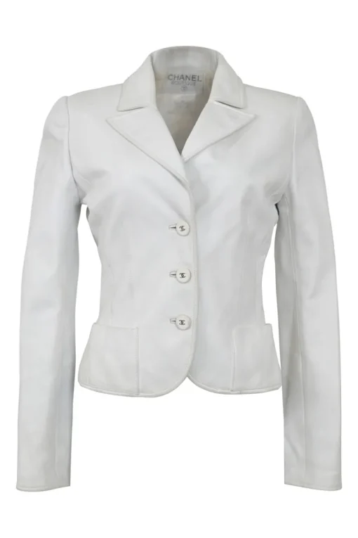 White lambskin single breasted notch lapel tailored jacket with Coco Mark shank buttons
