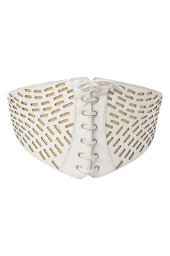 White laser-cut leather corset buckle belt with lace-up detailing