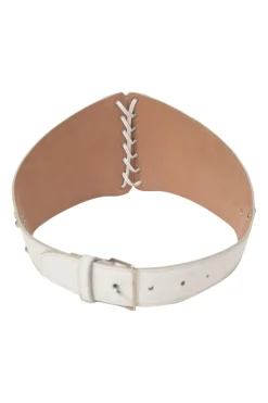 White laser-cut leather corset buckle belt with lace-up detailing