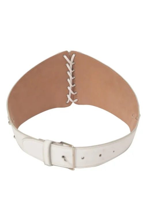 White laser-cut leather corset buckle belt with lace-up detailing