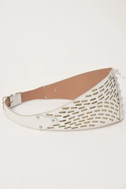 White laser-cut leather corset buckle belt with lace-up detailing