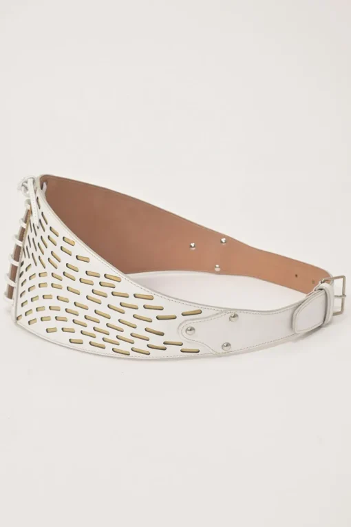 White laser-cut leather corset buckle belt with lace-up detailing