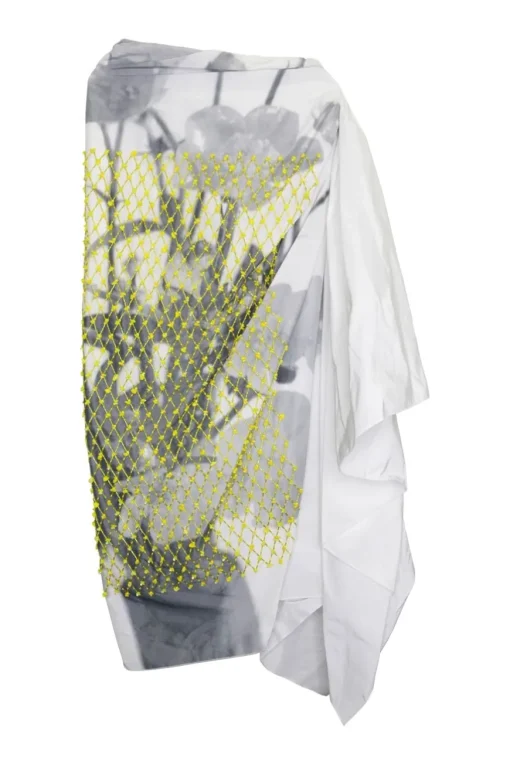 White layered floral print pull-on midi skirt with delicate fluo beaded lattice appliqué