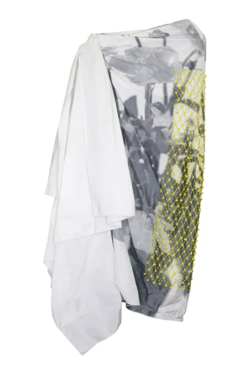 White layered floral print pull-on midi skirt with delicate fluo beaded lattice appliqué