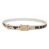White leather and calf hair logo box buckle belt