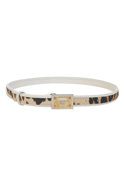 White leather and calf hair logo box buckle belt