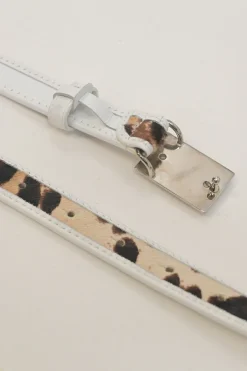 White leather and calf hair logo box buckle belt