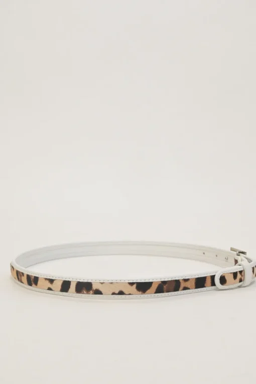 White leather and calf hair logo box buckle belt