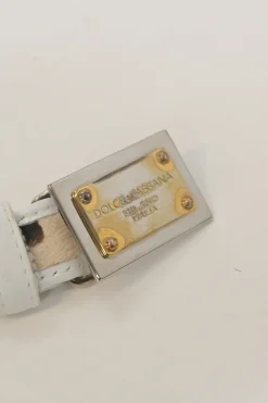 White leather and calf hair logo box buckle belt