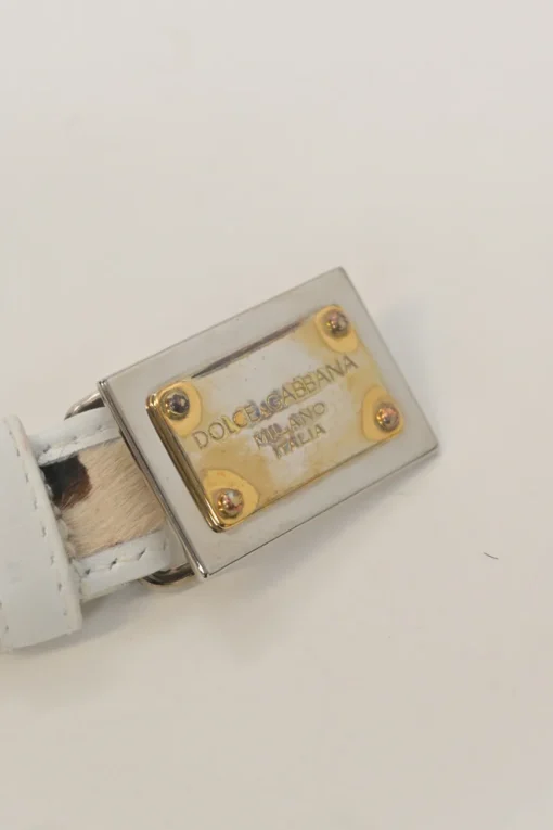 White leather and calf hair logo box buckle belt
