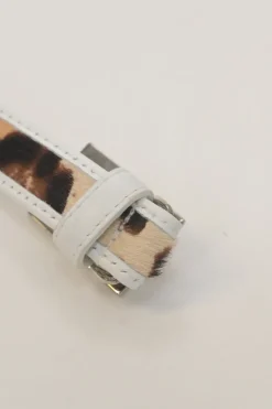 White leather and calf hair logo box buckle belt