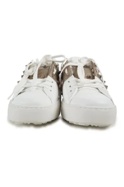 White leather and rose gold low-top Rockstud Untitled sneakers