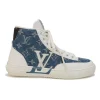 White leather and rubber high-top Charlie chunky sneakers featuring indigo monogram denim inserts