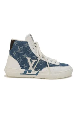 White leather and rubber high-top Charlie chunky sneakers featuring indigo monogram denim inserts