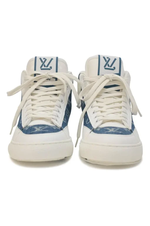 White leather and rubber high-top Charlie chunky sneakers featuring indigo monogram denim inserts