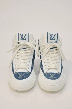 White leather and rubber high-top Charlie chunky sneakers featuring indigo monogram denim inserts