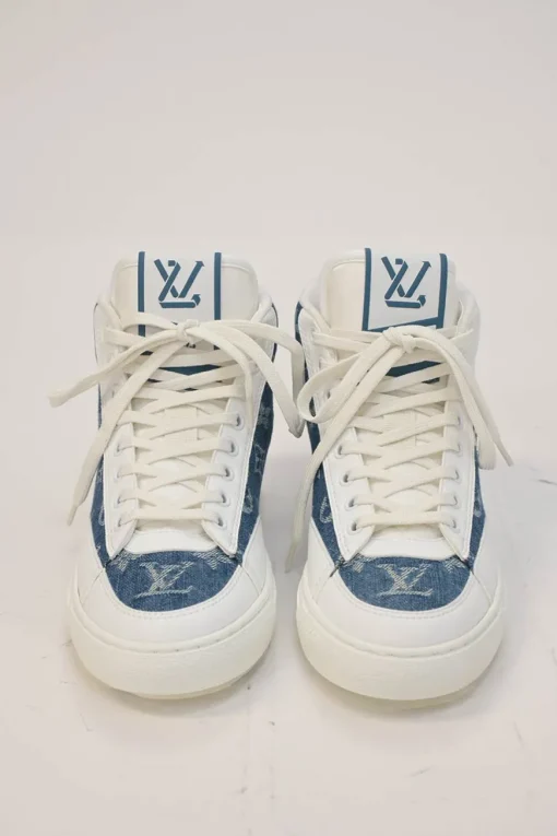White leather and rubber high-top Charlie chunky sneakers featuring indigo monogram denim inserts