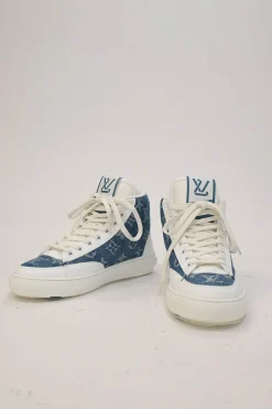 White leather and rubber high-top Charlie chunky sneakers featuring indigo monogram denim inserts