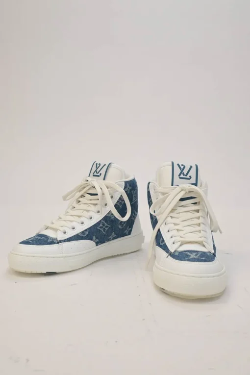 White leather and rubber high-top Charlie chunky sneakers featuring indigo monogram denim inserts