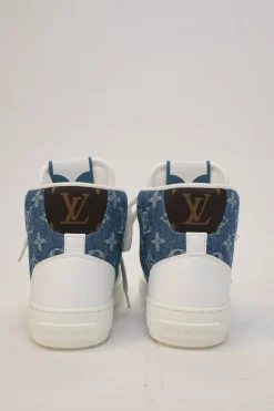 White leather and rubber high-top Charlie chunky sneakers featuring indigo monogram denim inserts