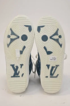 White leather and rubber high-top Charlie chunky sneakers featuring indigo monogram denim inserts