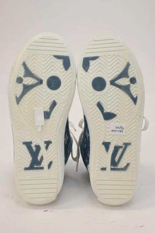 White leather and rubber high-top Charlie chunky sneakers featuring indigo monogram denim inserts