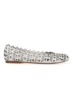 White leather laser cut round toe ballerina flats