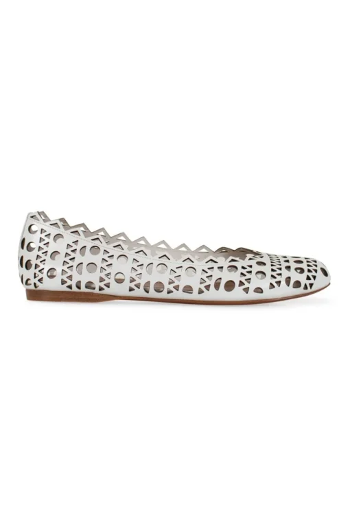 White leather laser cut round toe ballerina flats