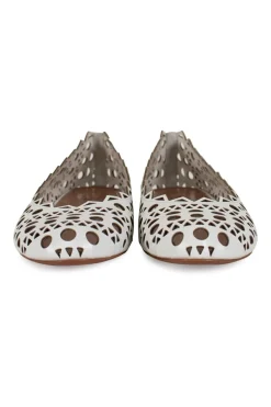 White leather laser cut round toe ballerina flats