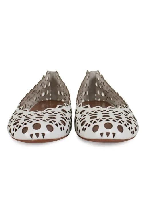 White leather laser cut round toe ballerina flats