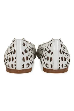 White leather laser cut round toe ballerina flats
