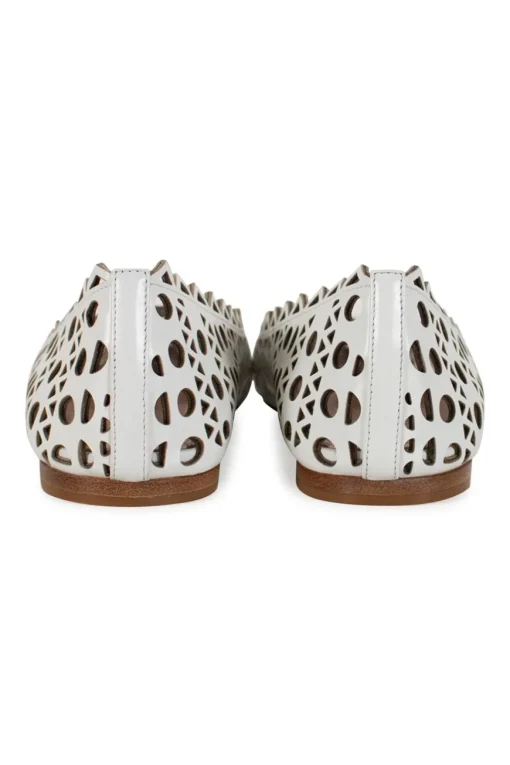 White leather laser cut round toe ballerina flats