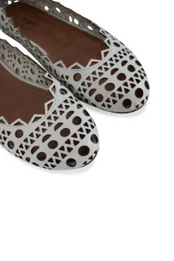 White leather laser cut round toe ballerina flats